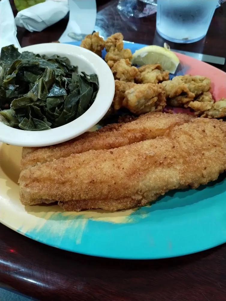 Fried Catfish Cheese Grits and Collard Greens